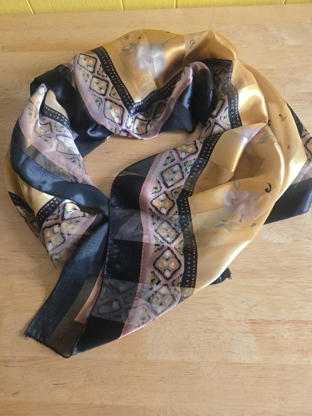 Silk-Feel Floral Border Scarf in Mustard and Black